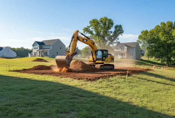 Excavator grading a sloped residential lot in Lewis Center, Ohio for new construction.