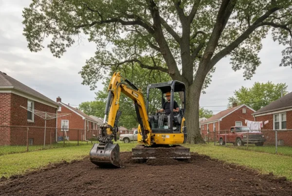 Compact excavator performing precision grading on a small residential lot in Whitehall, Ohio.