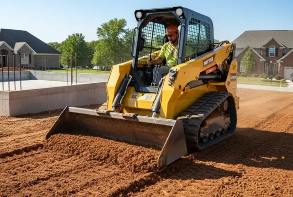 A professional contractor uses a skid steer for grading and slope correction in Central Ohio.