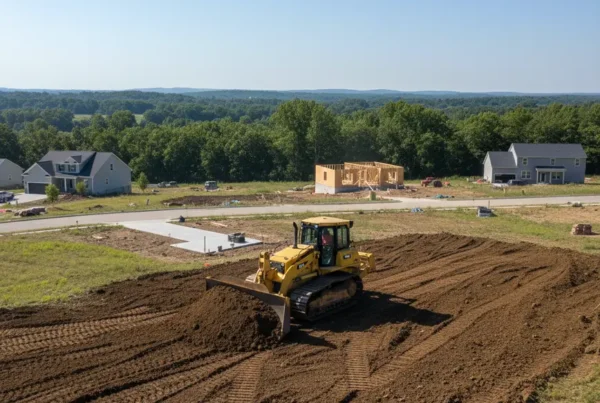 Bulldozer grading the land for a new home foundation in a Delaware County, Ohio neighborhood.