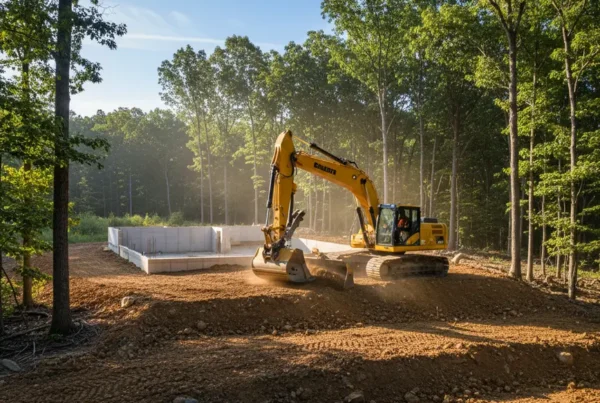 Excavator performing site preparation on a sloped, wooded lot in Granville, Ohio.