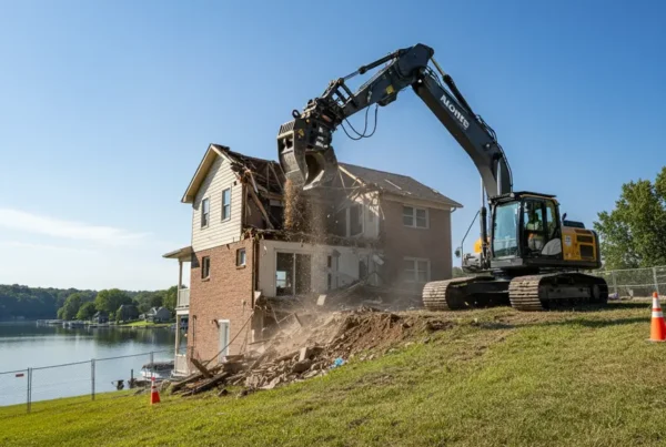 Excavator demolishing a house on a steep hillside property in Millersport, Ohio.