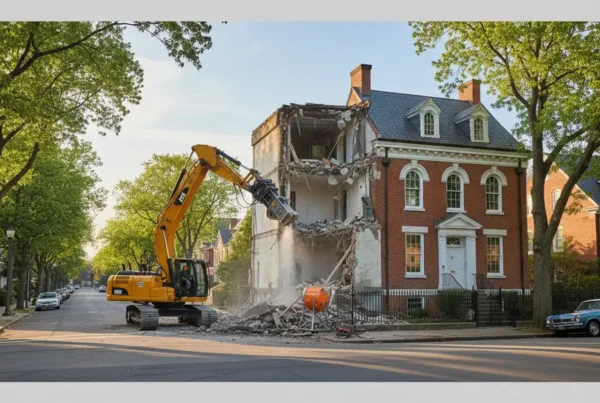 Excavator carefully demolishing a structure next to a historic building in Westerville North.