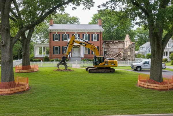 Excavator carefully positioned for demolition in front of a historic Bexley home with trees.