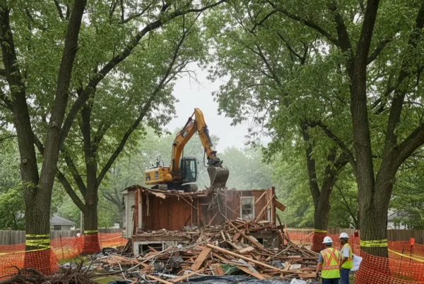 Excavator performing a house demolition in Gahanna, Ohio, under a mature tree canopy.