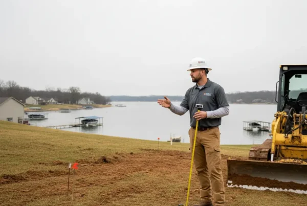 Grading contractor assessing a sloped, lakeside property in Buckeye Lake, Ohio for drainage.