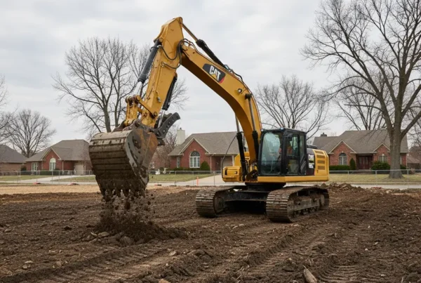 Excavator clearing a residential lot with heavy clay soil in Groveport, Ohio.