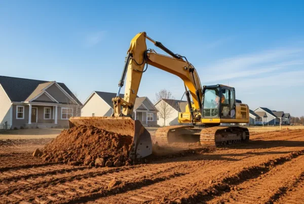 An excavator actively clearing a plot of land with heavy clay soil in Canal Winchester.