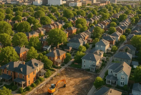 Aerial view of Columbus urban landscape with tree canopies