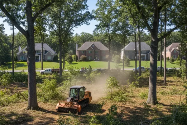Forestry mulcher clearing a wooded residential lot in Dublin, Ohio with mature trees.