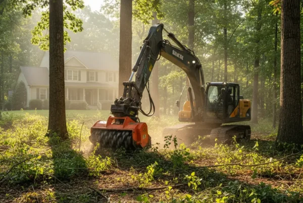 Excavator with a forestry mulcher clearing dense brush on a residential lot in Etna, Ohio.