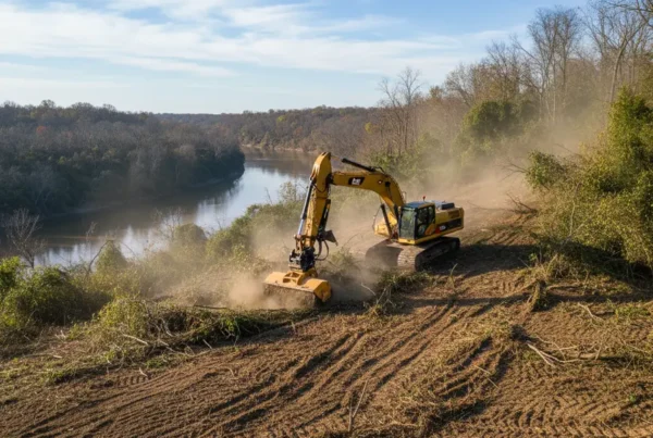 Excavator performing land clearing on a rolling hill in Licking County, Ohio.