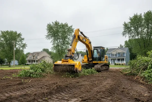 Excavator clearing brush and trees from a lot with heavy clay soil in Franklin County.