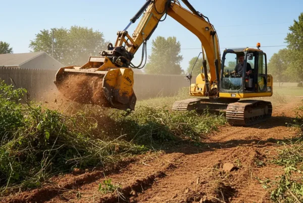 Excavator with a mulcher attachment clearing dense brush on a lot in Ostrander, Ohio.