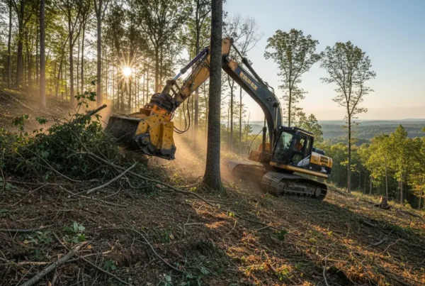 Excavator with forestry mulcher clearing trees on a steep hill in Fairfield County, Ohio.