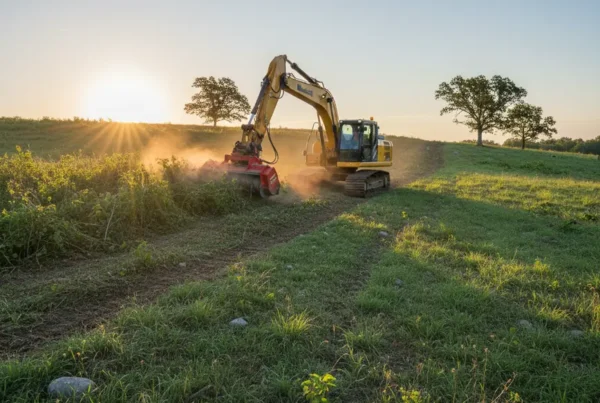 Excavator clearing trees and brush on a steep, hilly property in Newark, Ohio.