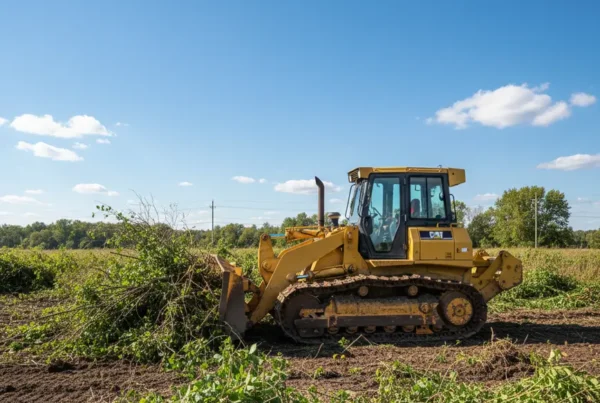 Bulldozer clearing dense brush and overgrown vegetation from a large lot in Baltimore, Ohio.