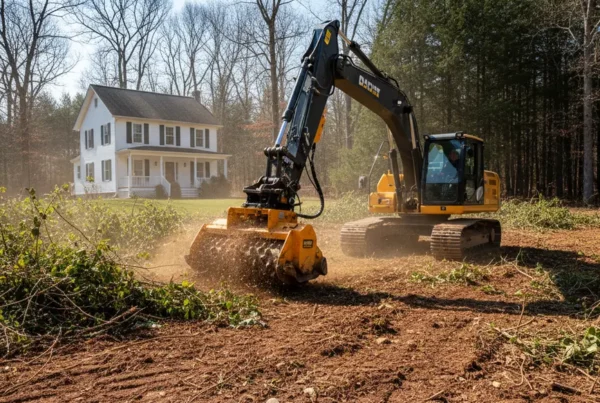 Excavator clearing dense brush and trees on a residential lot in Milford Center, Ohio.