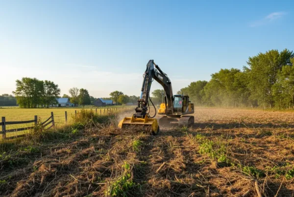 Excavator with forestry mulcher clearing dense brush on a flat lot in Plain City, Ohio.