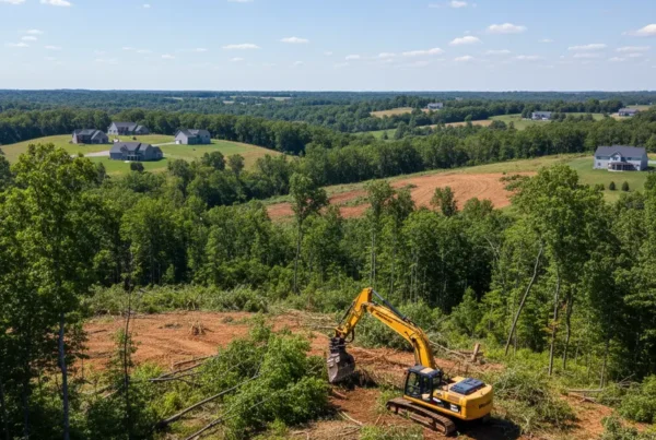 Excavator clearing land for a new development project in Delaware County, Ohio.
