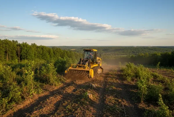 Forestry mulcher clearing dense brush on a rolling hillside in Sunbury, Ohio.