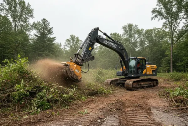An excavator with a mulching attachment clearing trees and brush in Heath, Ohio.