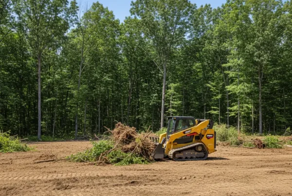 Skid-steer loader clearing dense brush and trees from a residential lot in Johnstown, Ohio.