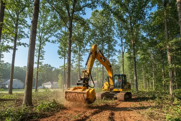 Excavator clearing a densely wooded property with clay soil in Millersport, Ohio.