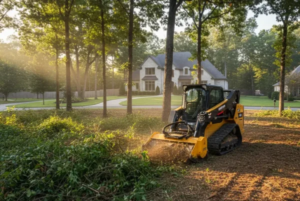 Skid steer with a forestry mulcher clearing dense brush in an Orange Township yard.