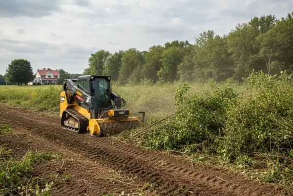 A skid steer with a mulcher attachment performing land clearing on a flat property.