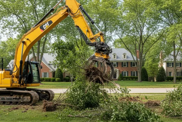 An excavator clearing trees and brush from a residential lot in Upper Arlington.