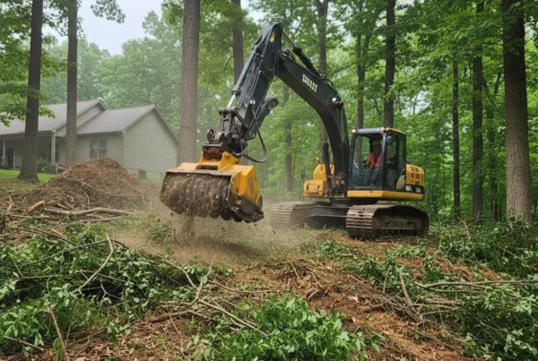 Excavator clearing a steep, wooded residential lot in Grandview Heights, Ohio.