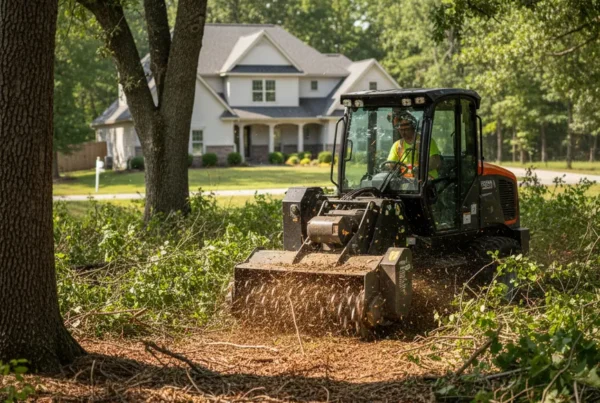 Forestry mulcher clearing underbrush on a wooded residential lot in Gahanna, Ohio.