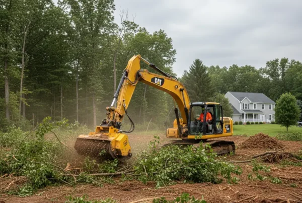 Excavator with a mulcher clearing a densely wooded residential lot in Magnetic Springs, Ohio.