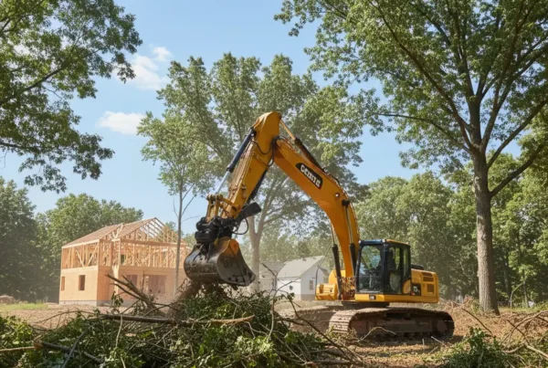 Excavator clearing trees and brush from a wooded residential lot in Galena, Ohio.