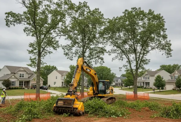 Excavator performing selective land clearing on a Worthington, Ohio property with mature trees.