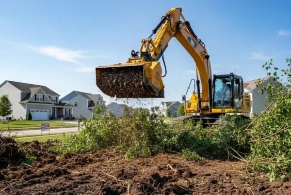 Excavator with a mulcher attachment clearing a residential lot with clay soil in Hilliard.