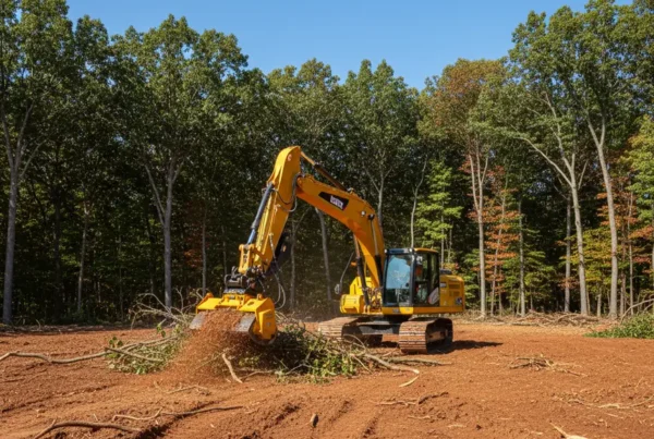 Excavator clearing trees and brush from a residential lot with clay soil in Lithopolis.