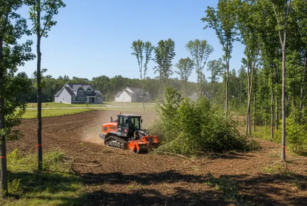 Land clearing equipment working on a residential lot with gently rolling terrain in Westerville North.