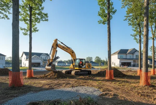 Excavator performing professional land clearing on a rolling residential lot in Westerville, Ohio.