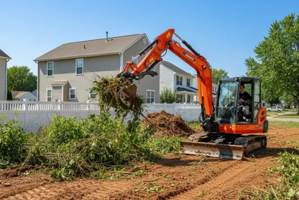 Compact excavator performing land clearing on a tight residential lot in Whitehall, Ohio.