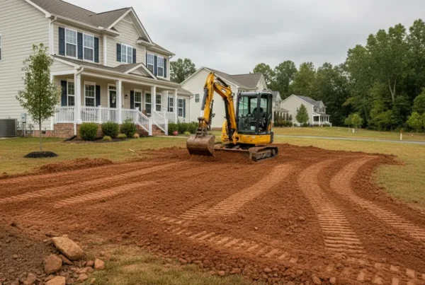 Mini excavator grading a residential yard with clay soil in Magnetic Springs, Ohio.