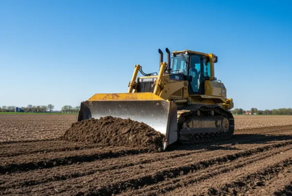 Bulldozer performing land leveling on a flat agricultural field with heavy clay soil.