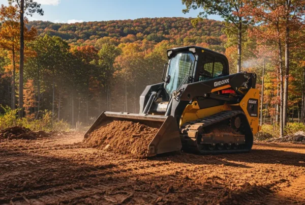 Skid steer performing land leveling on a steep, wooded property in Fairfield County, Ohio.