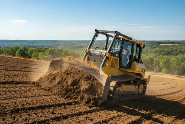 Bulldozer performing expert land leveling on a rolling hillside in Licking County, Ohio.