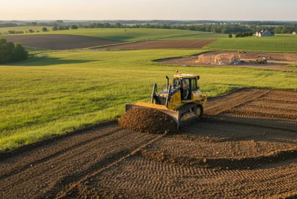 Bulldozer performing land leveling on a construction site in the rolling hills of Ohio.