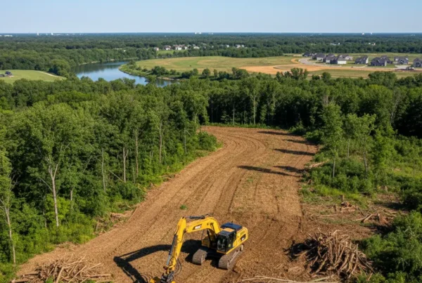 Wide shot of an excavator performing lot clearing on a property in Delaware County, Ohio.