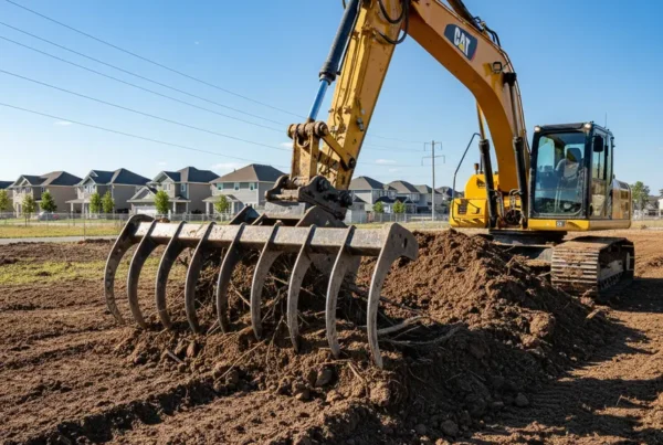 Excavator clearing a residential lot with heavy clay soil in a Franklin County neighborhood.