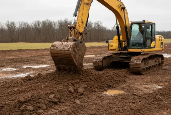 Excavator grading heavy clay soil during a lot clearing project in Union County, Ohio.