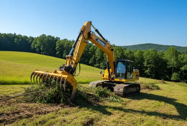 Excavator clearing trees and brush on a rolling hillside in Licking County, Ohio.